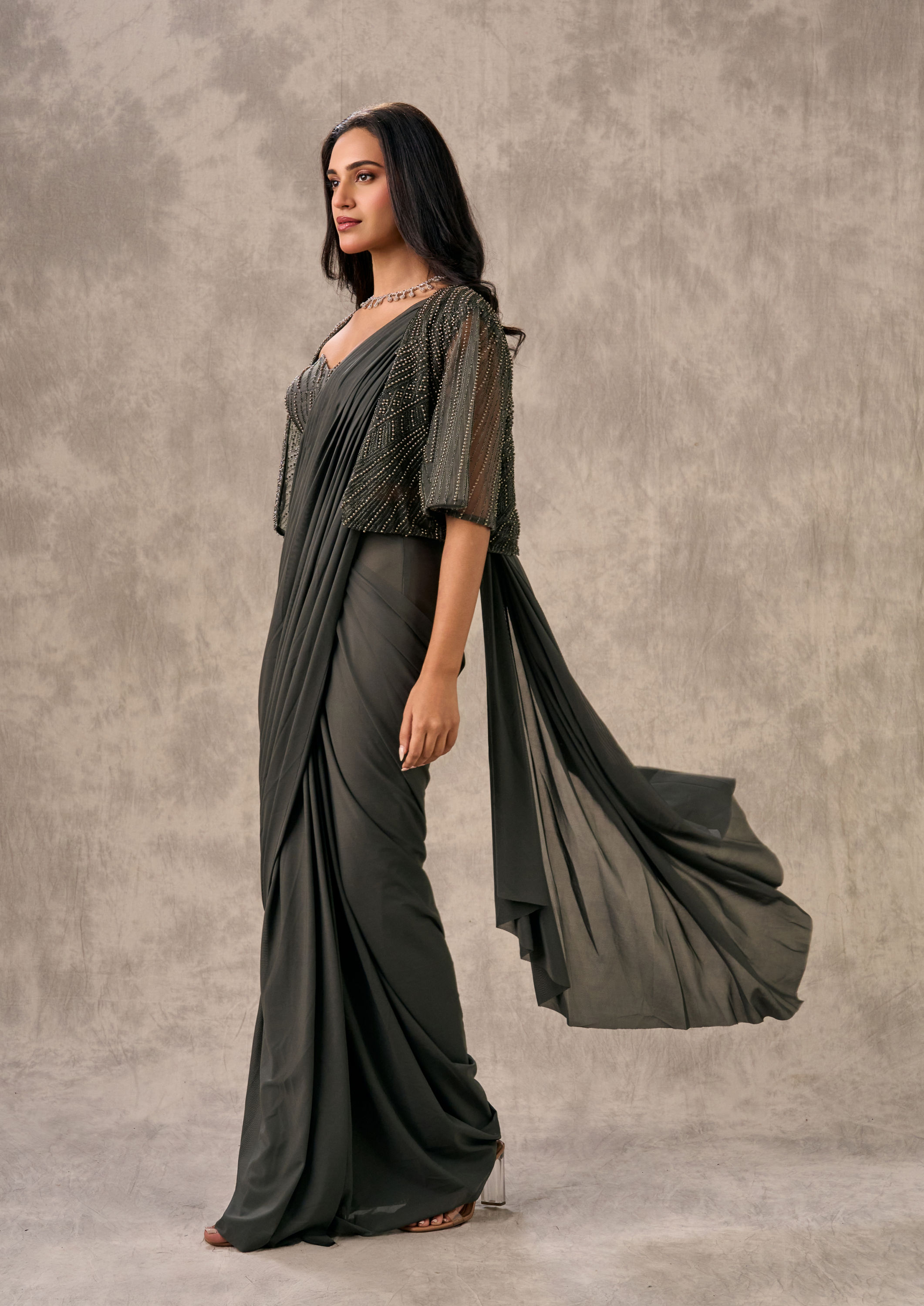 Twamev Women Elegance Unleashed Grey Saree Ensemble