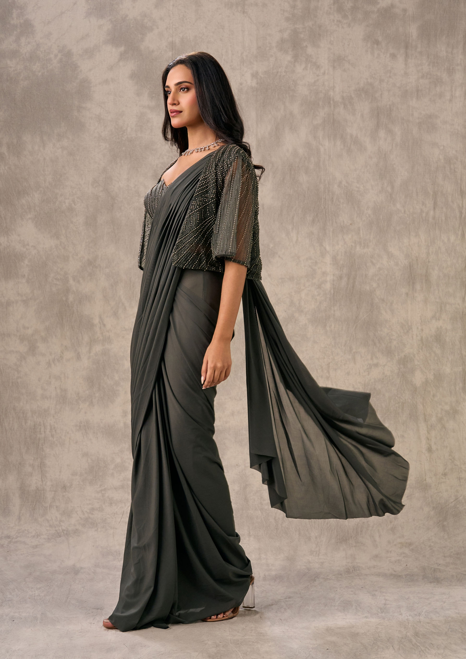 Twamev Women Elegance Unleashed Grey Saree Ensemble
