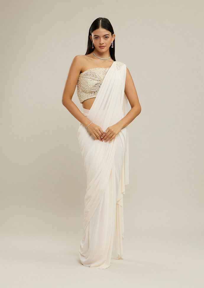 Twamev Women Cream Net-Lycra Festive Saree