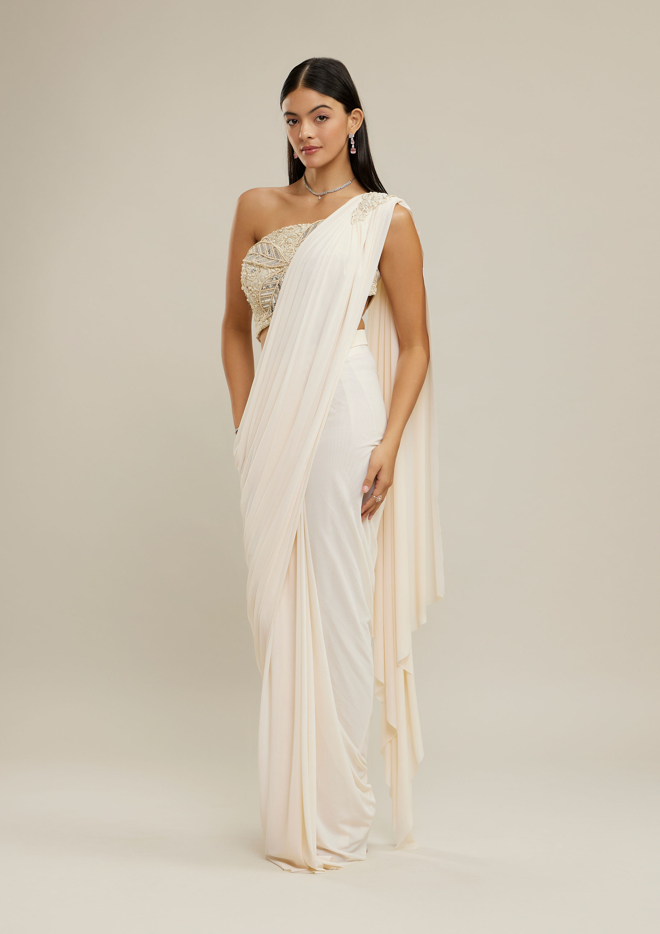 Twamev Women Cream Net-Lycra Festive Saree