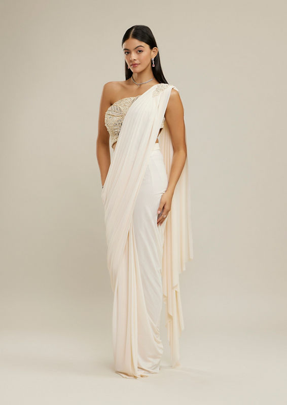 Twamev Women Cream Net-Lycra Festive Saree