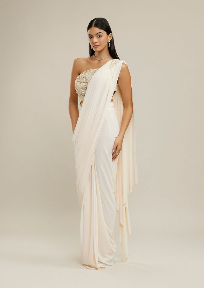Twamev Women Cream Net-Lycra Festive Saree
