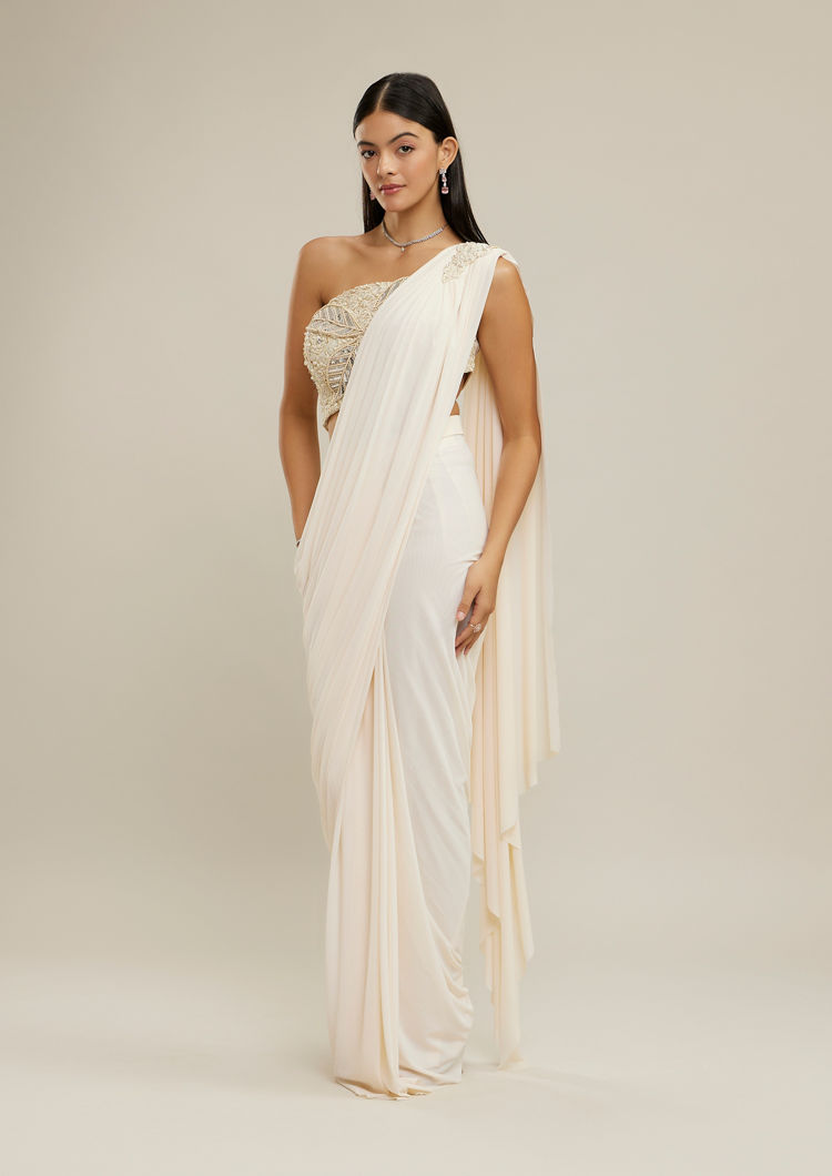 Twamev Women Cream Net-Lycra Festive Saree