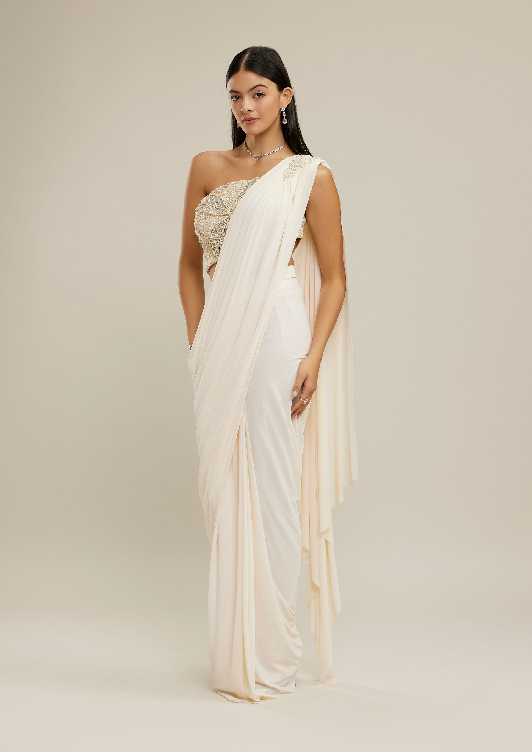 Twamev Women Cream Net-Lycra Festive Saree