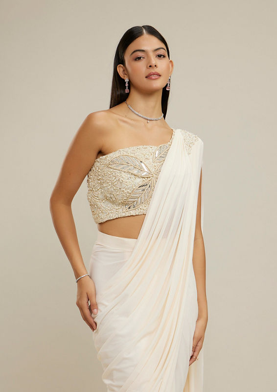 Twamev Women Cream Net-Lycra Festive Saree