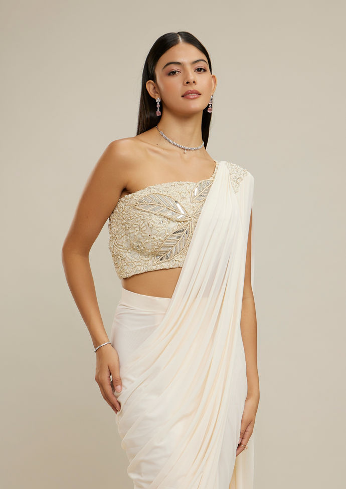 Twamev Women Cream Net-Lycra Festive Saree