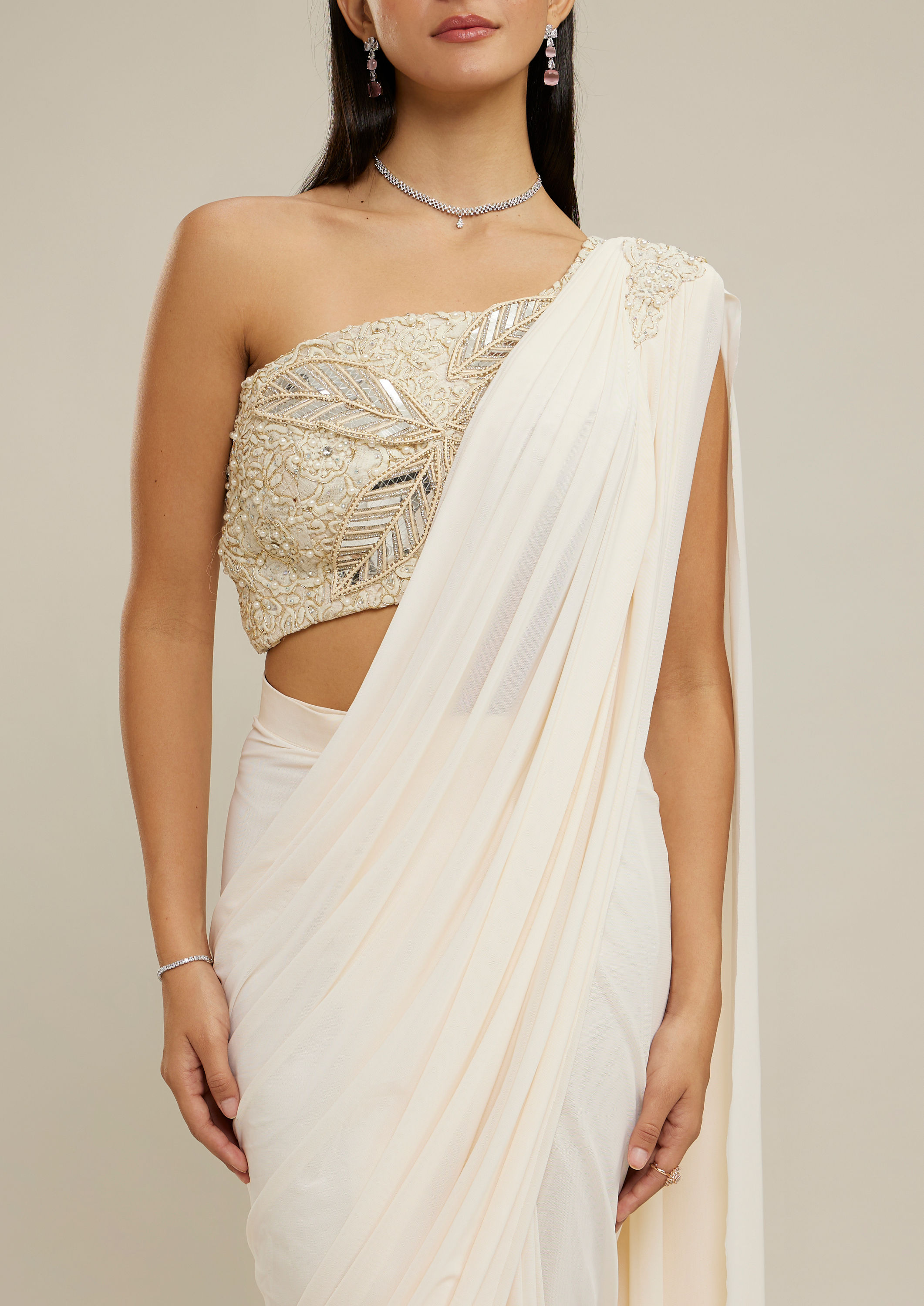 Twamev Women Cream Net-Lycra Festive Saree