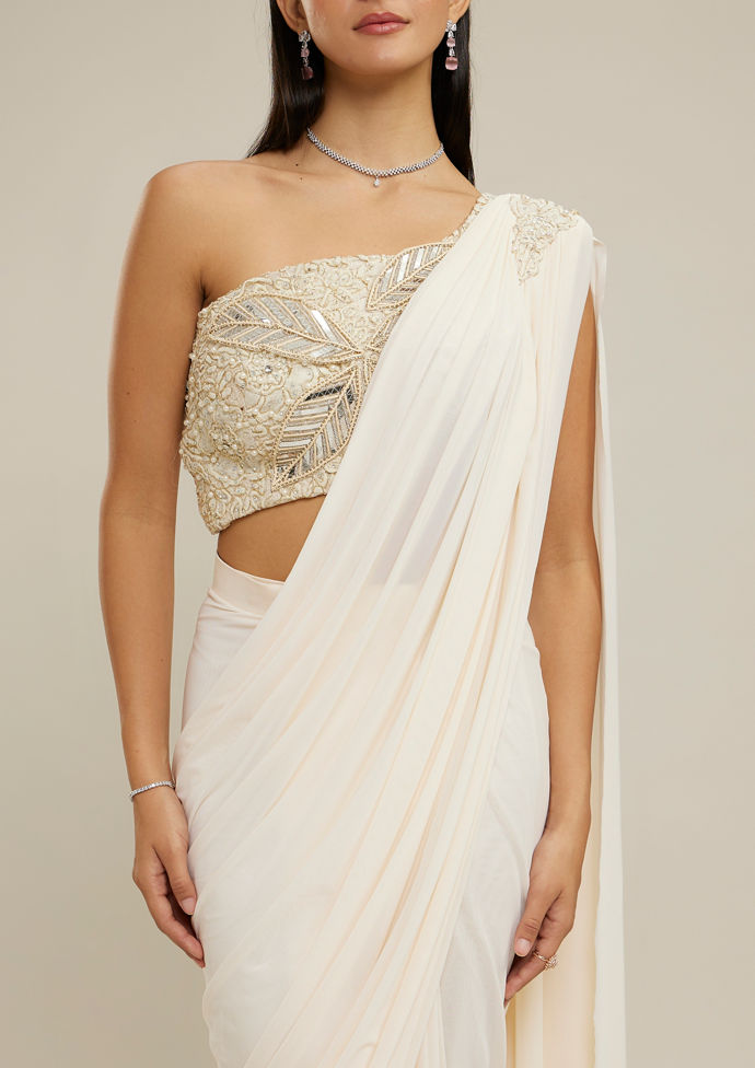 Twamev Women Cream Net-Lycra Festive Saree