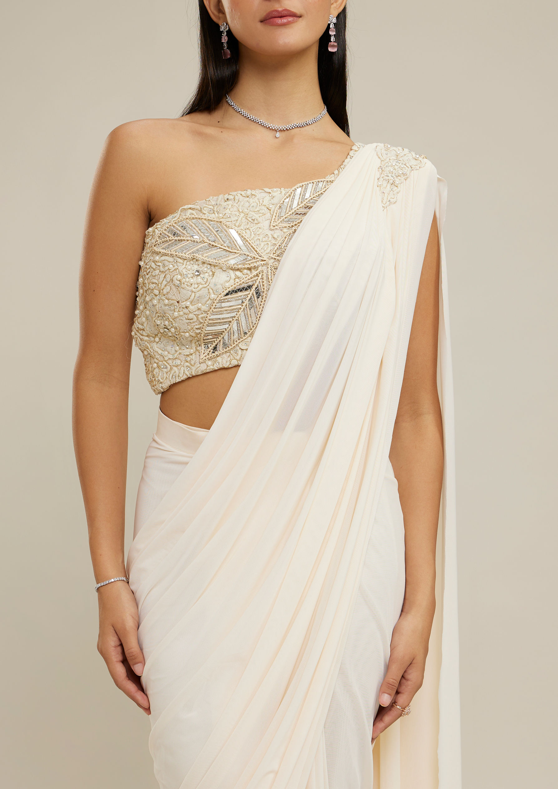 Twamev Women Cream Net-Lycra Festive Saree