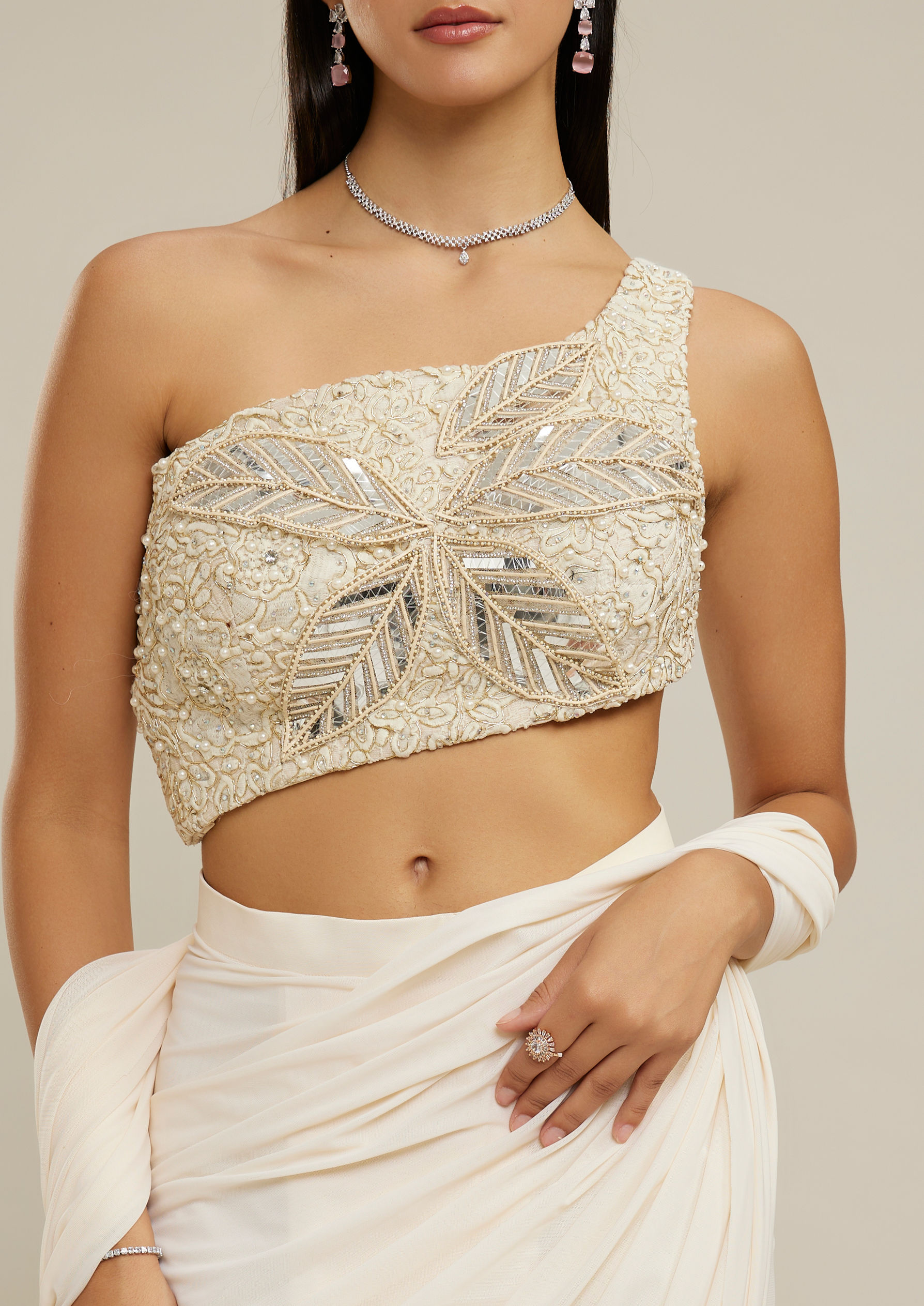 Twamev Women Cream Net-Lycra Festive Saree