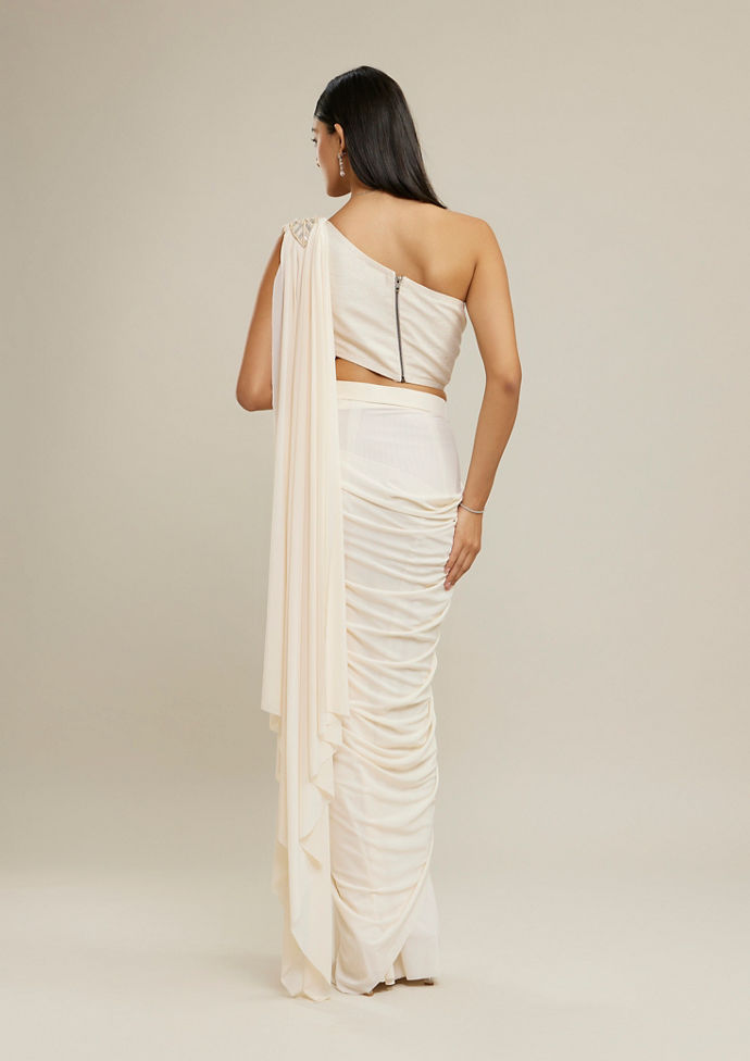 Twamev Women Cream Net-Lycra Festive Saree