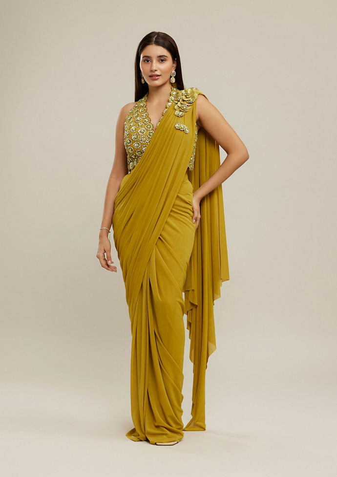 Twamev Women Mustard Yellow Net-Lycra Saree