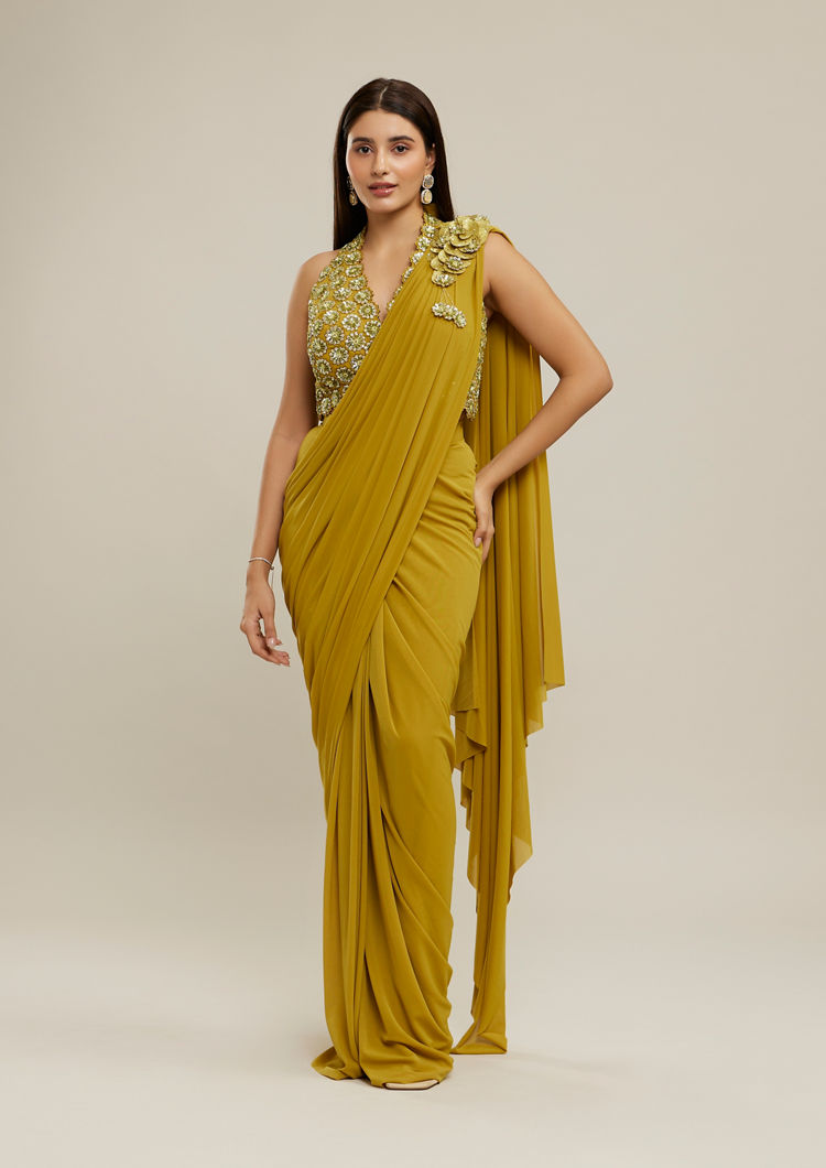 Twamev Women Mustard Yellow Net-Lycra Saree