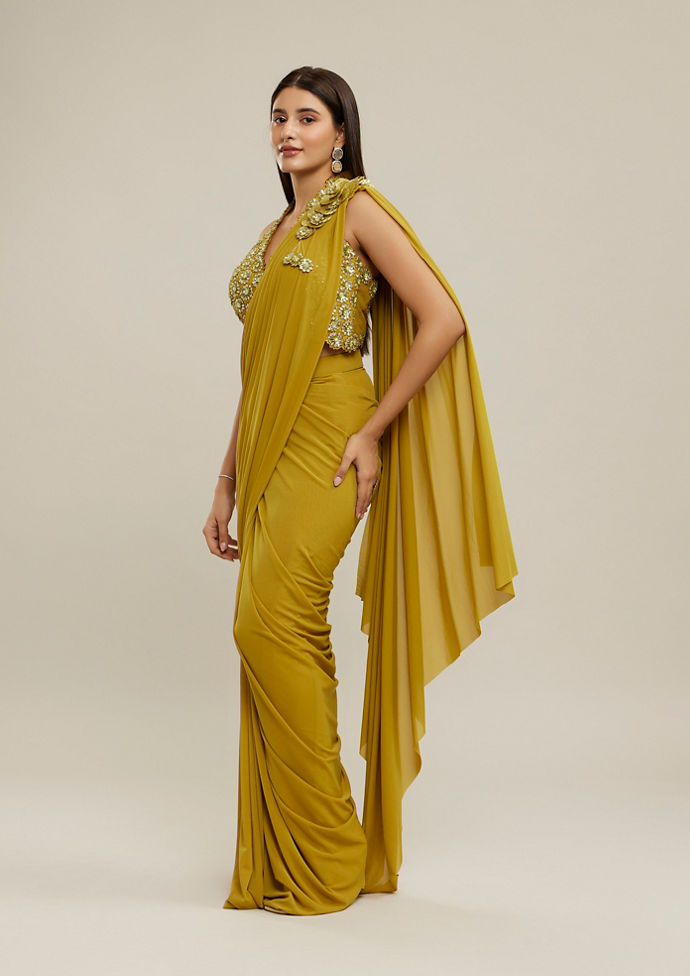 Twamev Women Mustard Yellow Net-Lycra Saree