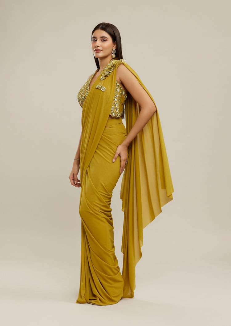 Twamev Women Mustard Yellow Net-Lycra Saree