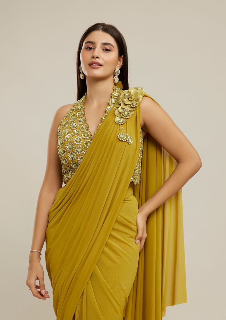 Twamev Women Mustard Yellow Net-Lycra Saree