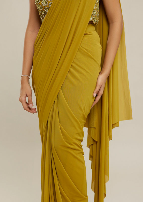 Twamev Women Mustard Yellow Net-Lycra Saree