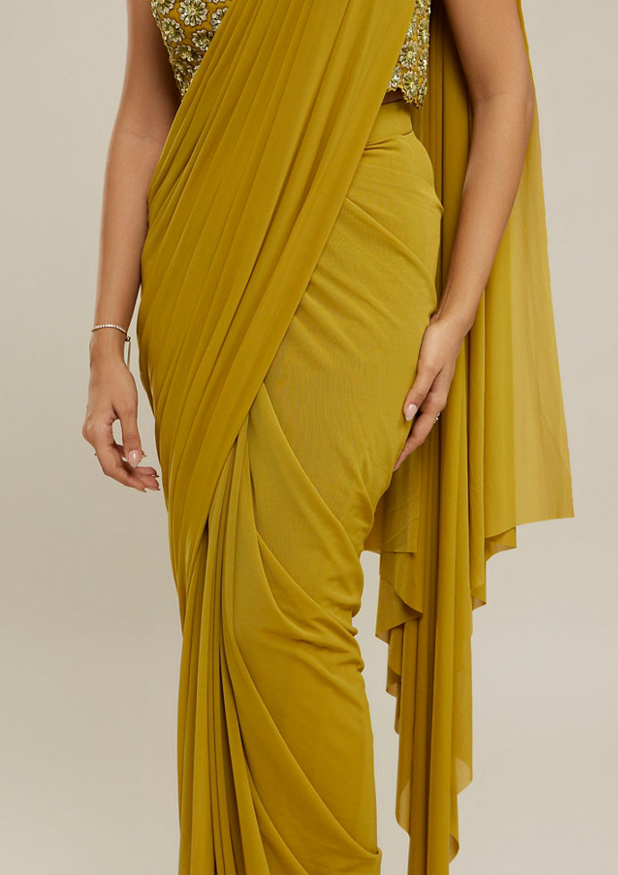 Twamev Women Mustard Yellow Net-Lycra Saree