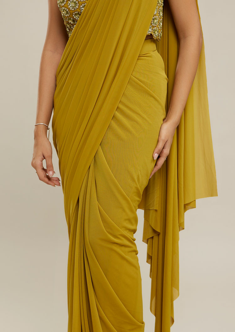 Twamev Women Mustard Yellow Net-Lycra Saree