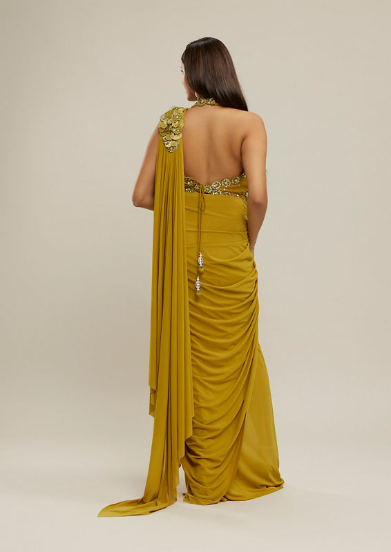 Twamev Women Mustard Yellow Net-Lycra Saree