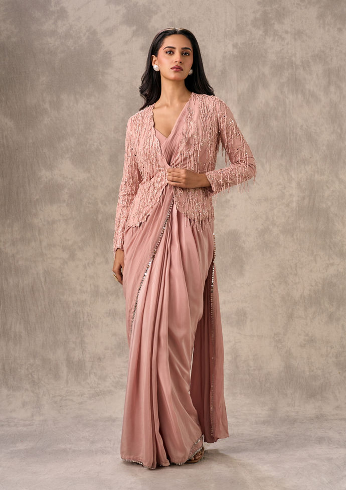 Twamev Women Elegant Satin Pink Saree