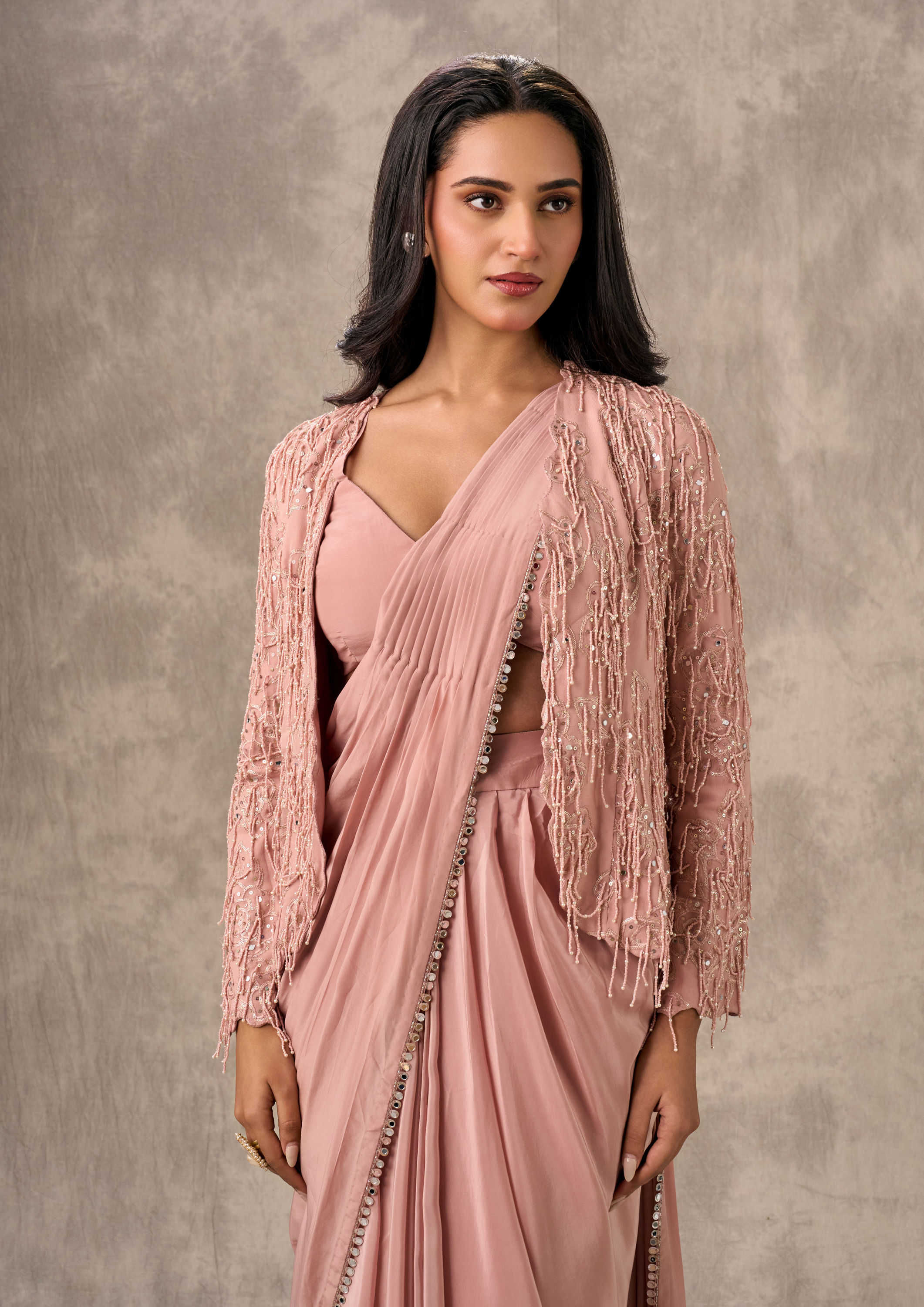 Twamev Women Elegant Satin Pink Saree