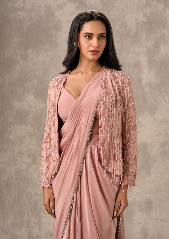 Twamev Women Elegant Satin Pink Saree