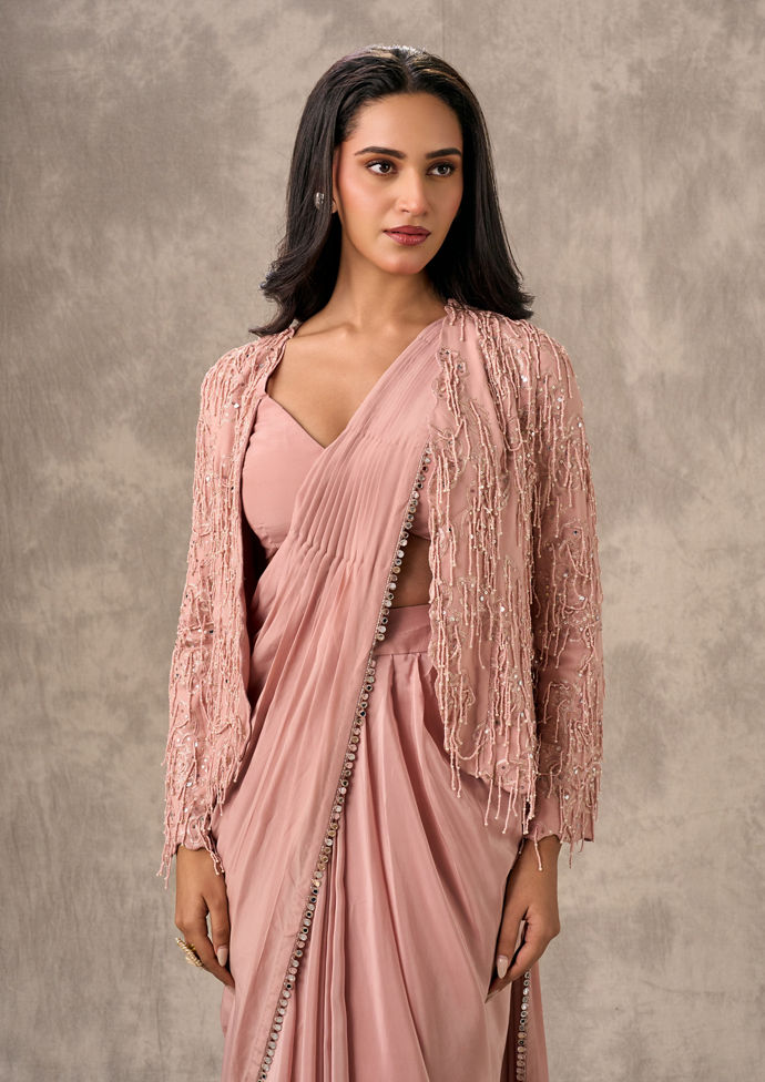 Twamev Women Elegant Satin Pink Saree