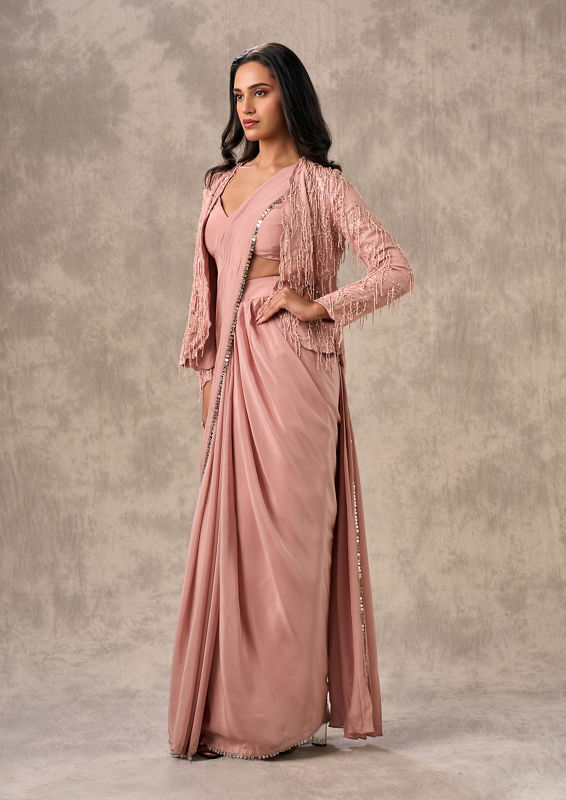 Twamev Women Elegant Satin Pink Saree