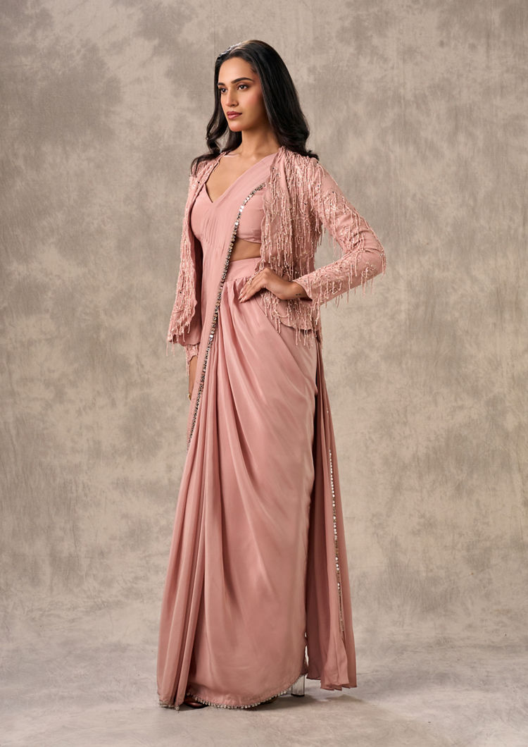 Twamev Women Elegant Satin Pink Saree
