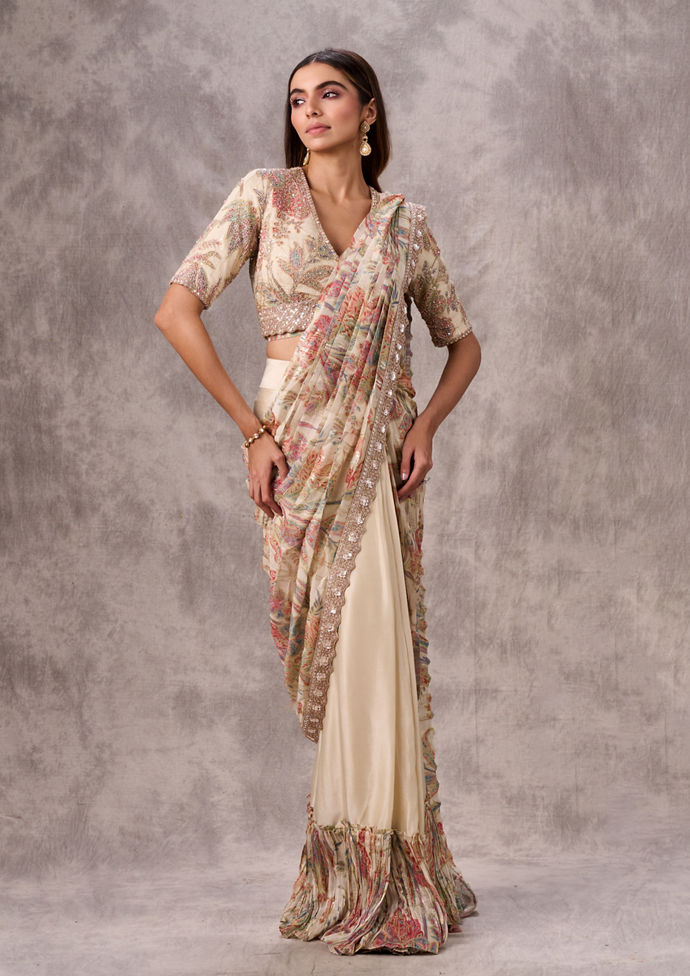 Twamev Women Cream Chinon Classic Saree