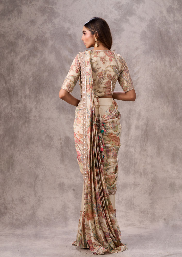 Twamev Women Cream Chinon Classic Saree