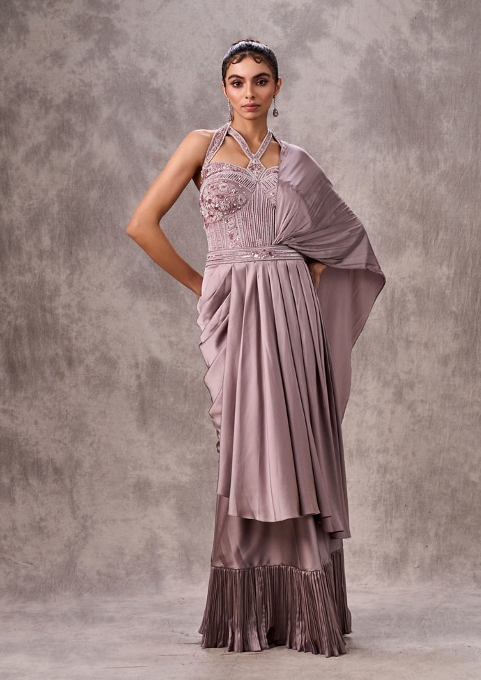 Twamev Women Twirl Worthy Purple Satin Saree