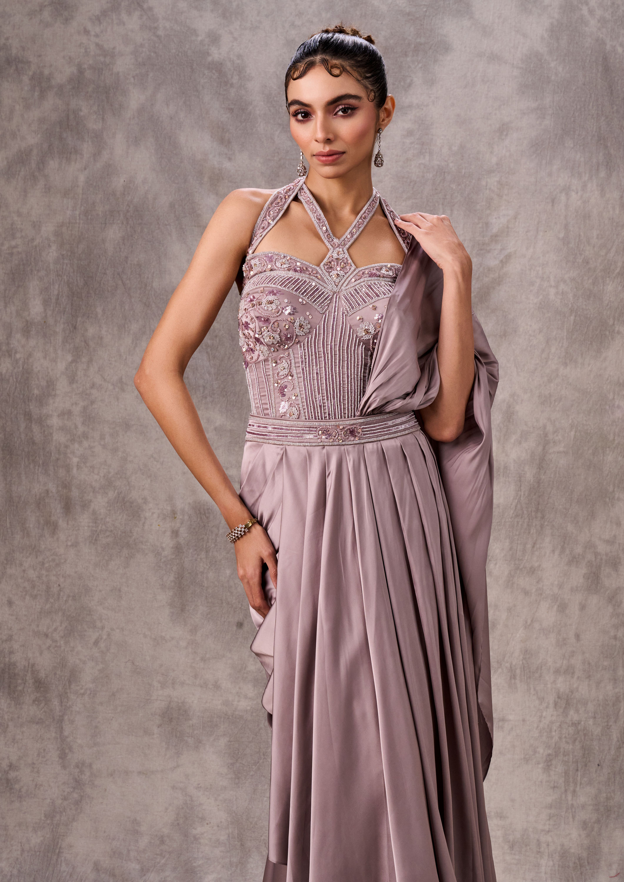Twamev Women Twirl Worthy Purple Satin Saree