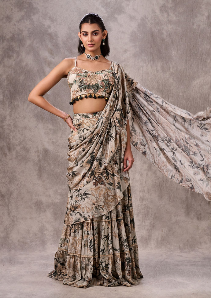 Twamev Women Pista Green Satin Evening Saree