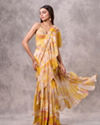 Yellow & Pink Georgette Floral Printed Ruffle Corset Draped Saree