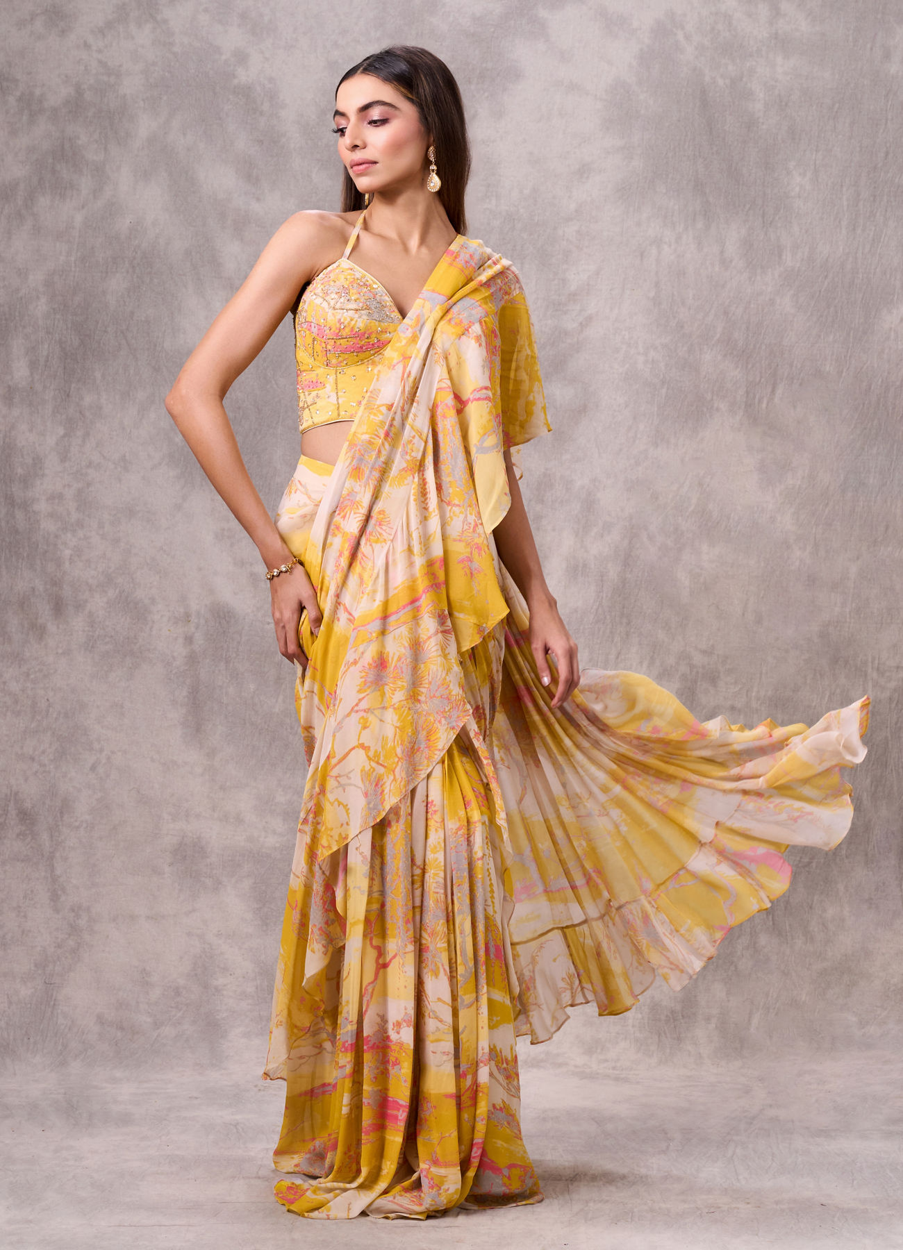 Twamev Women Yellow & Pink Georgette Floral Printed Ruffle Corset Draped Saree