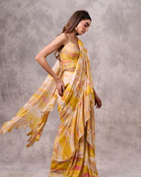Twamev Women Yellow & Pink Georgette Floral Printed Ruffle Corset Draped Saree