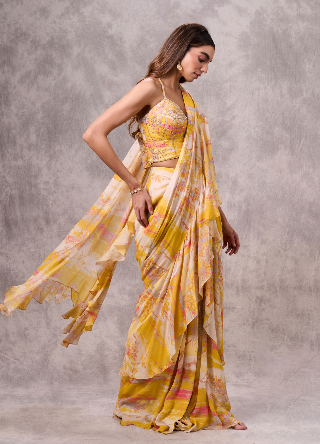 Twamev Women Yellow & Pink Georgette Floral Printed Ruffle Corset Draped Saree