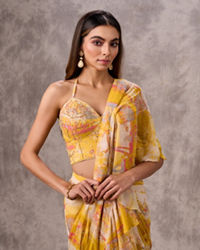 Twamev Women Yellow & Pink Georgette Floral Printed Ruffle Corset Draped Saree