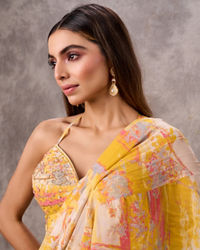 Twamev Women Yellow & Pink Georgette Floral Printed Ruffle Corset Draped Saree