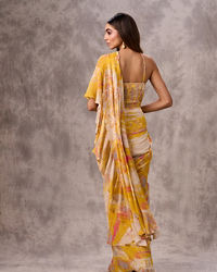 Twamev Women Yellow & Pink Georgette Floral Printed Ruffle Corset Draped Saree