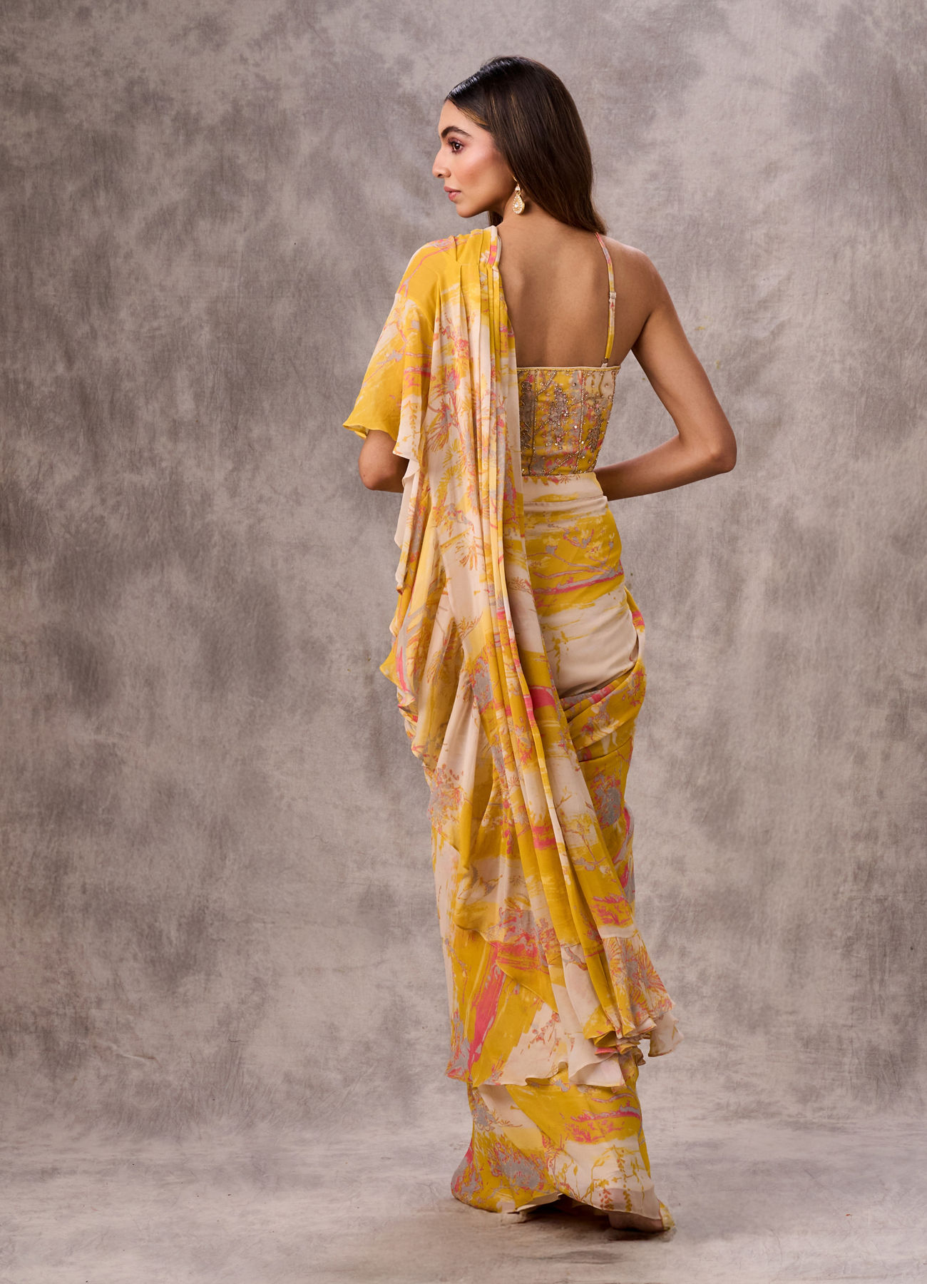 Twamev Women Yellow & Pink Georgette Floral Printed Ruffle Corset Draped Saree