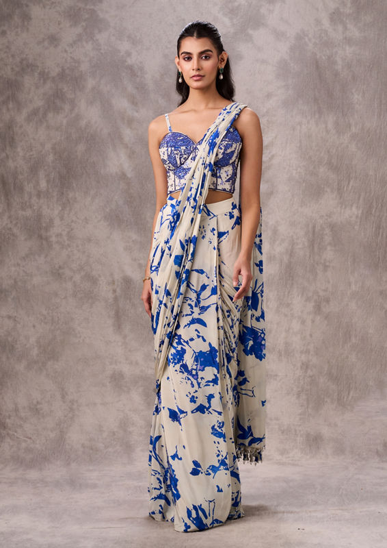 Twamev Women Cream & Indigo Blue Viscose Abstract Printed Corset Draped Saree