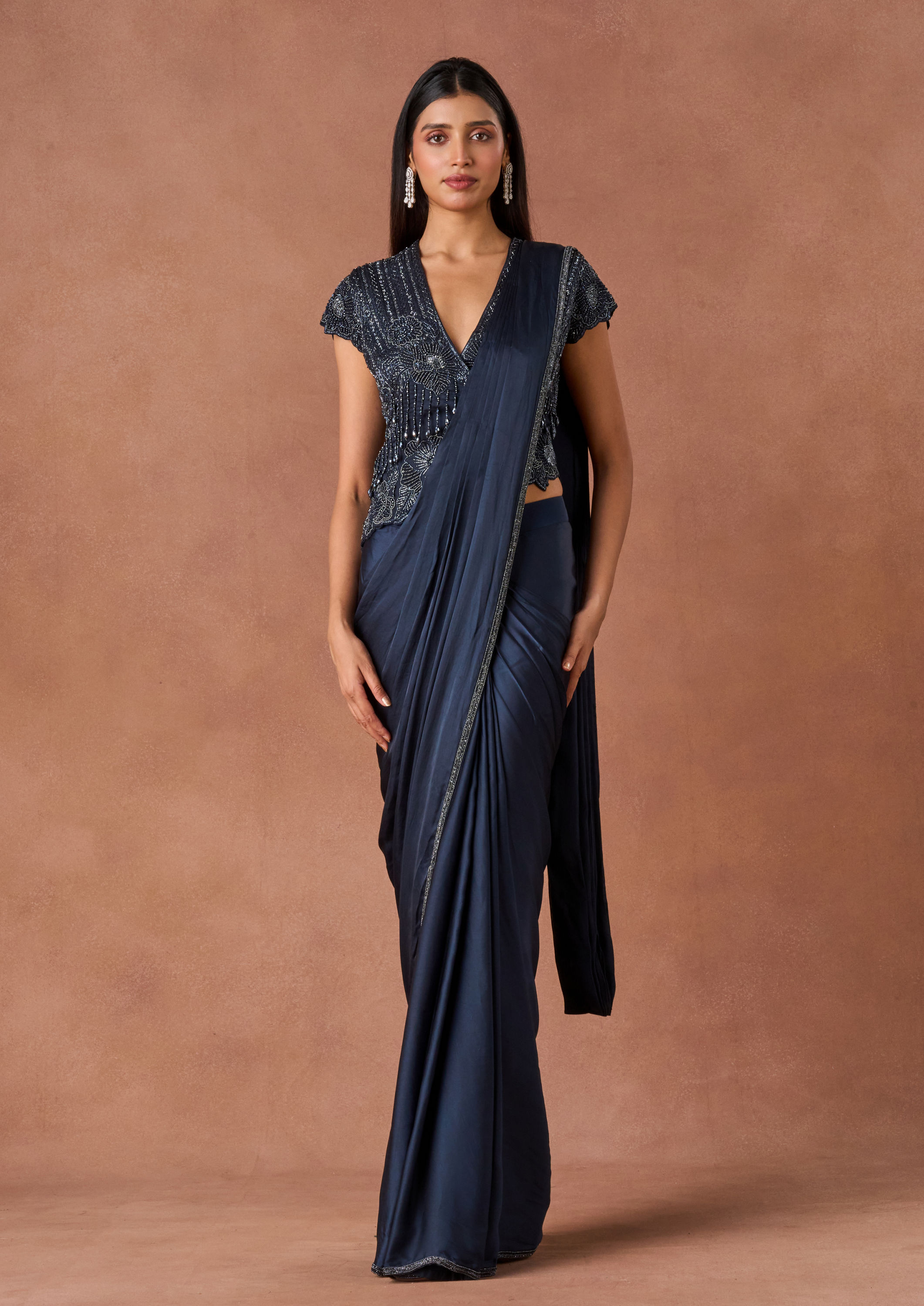 Twamev Women Indigo Beaded Stitched Saree