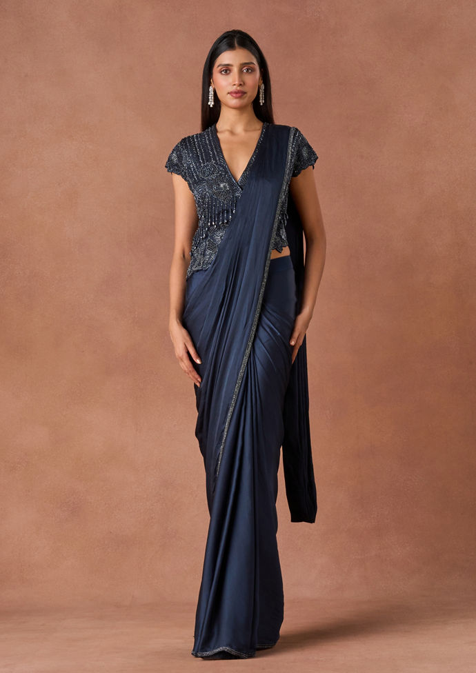 Twamev Women Indigo Beaded Stitched Saree