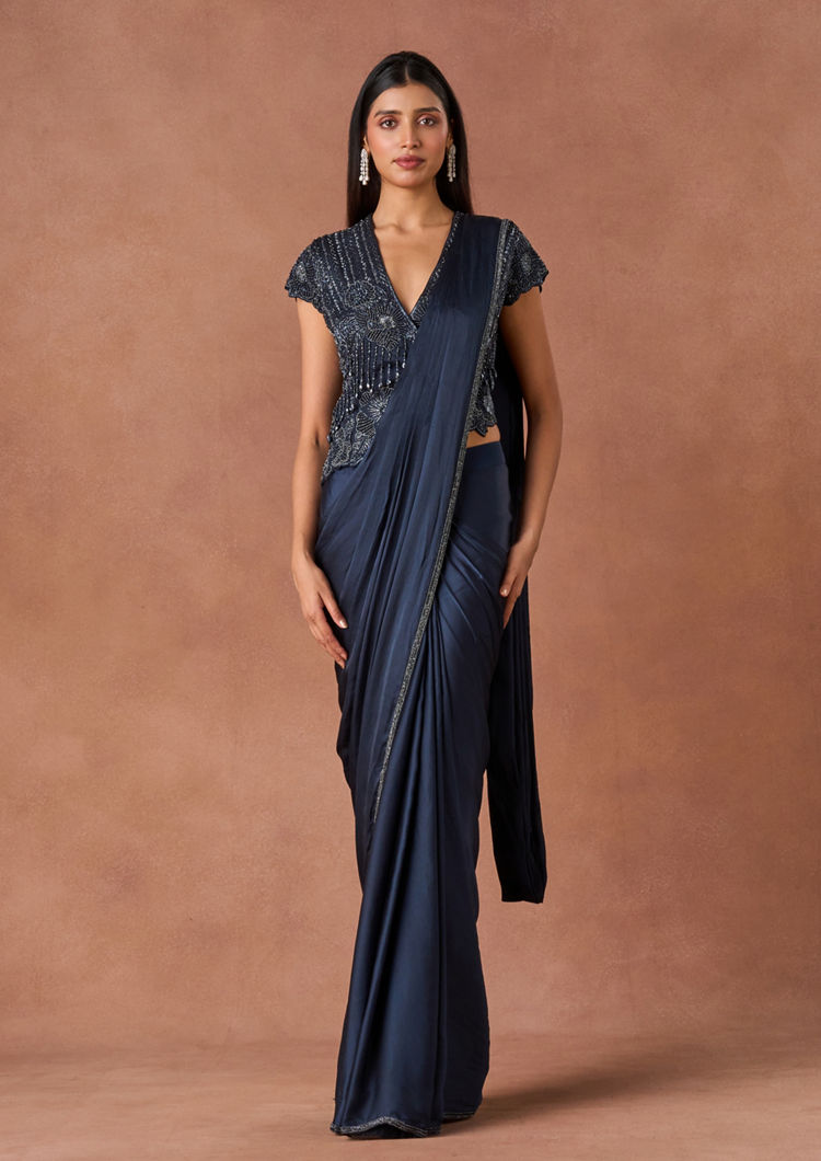 Twamev Women Indigo Beaded Stitched Saree