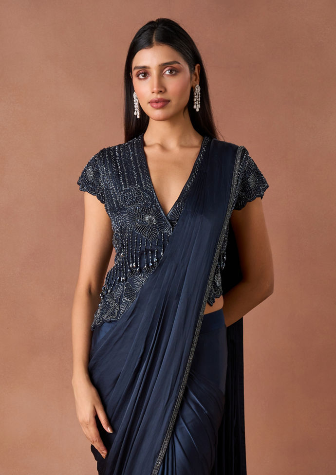 Twamev Women Indigo Beaded Stitched Saree