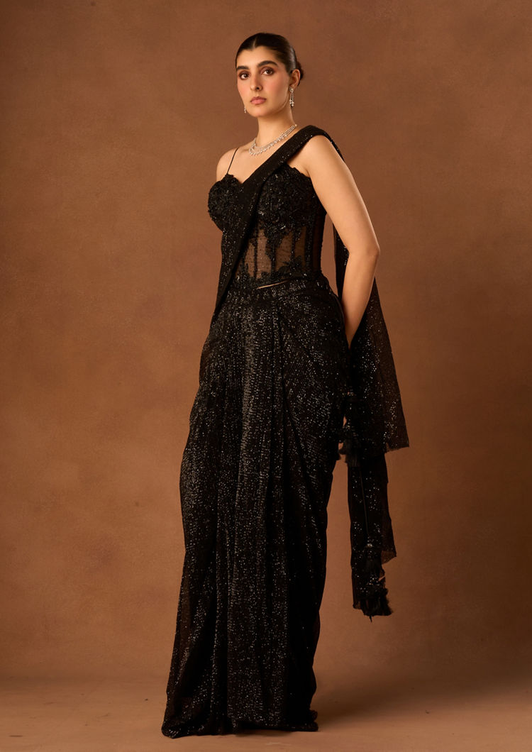 Twamev Women Black Net Saree with Sequin Embellishments