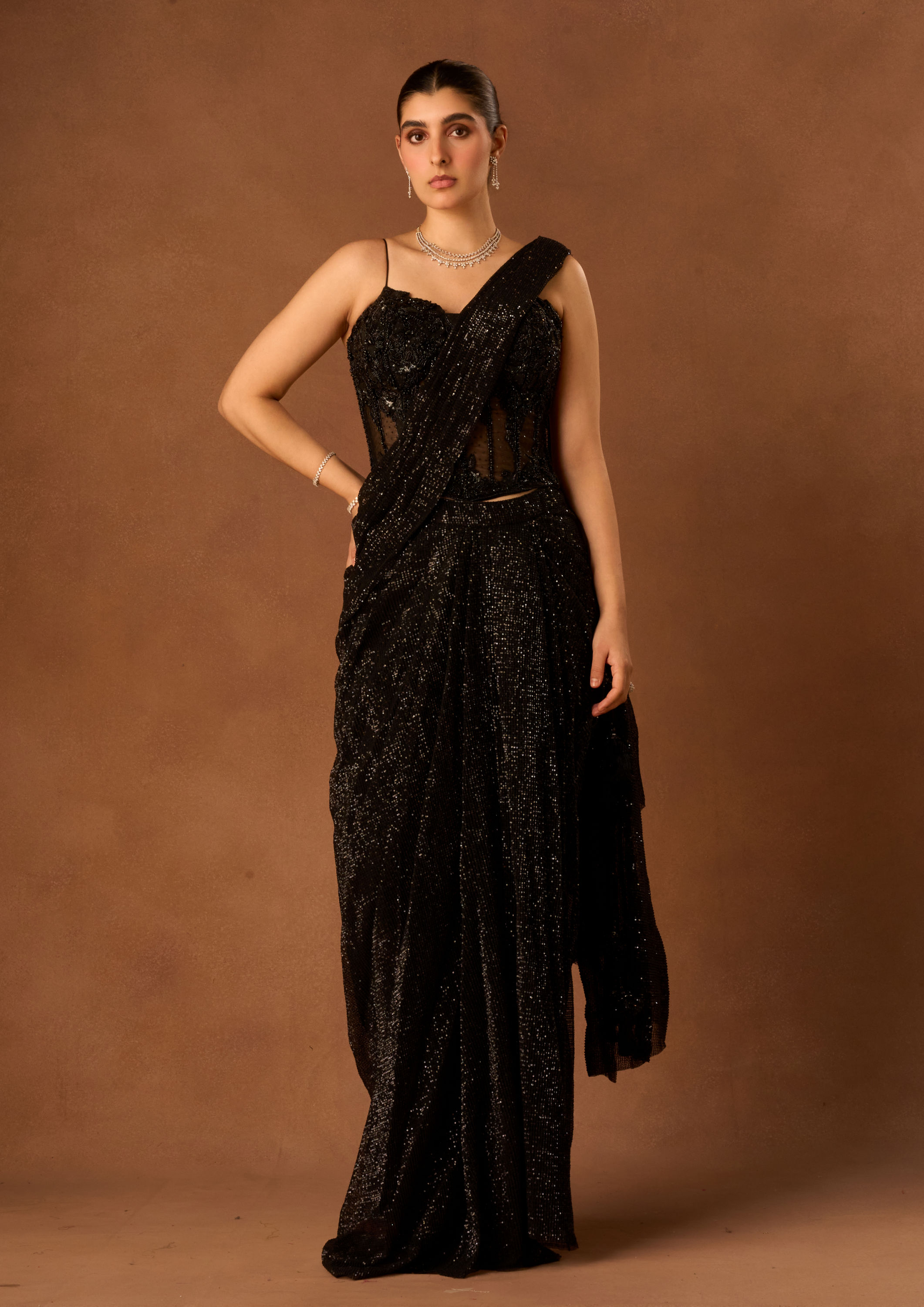 Twamev Women Black Net Saree with Sequin Embellishments